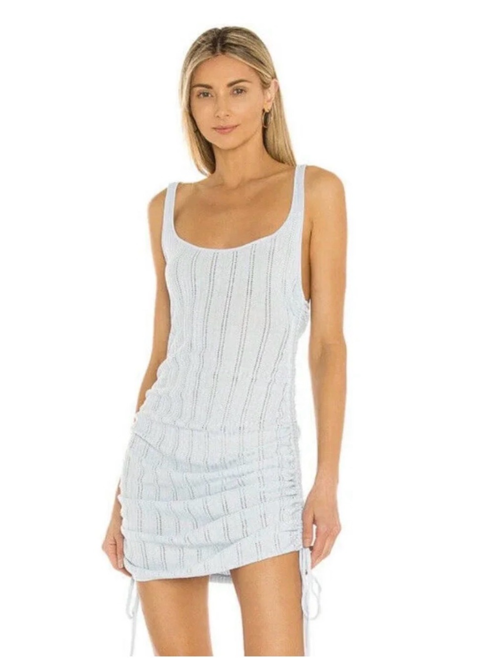 NWT For Love & Lemons Size Small Rhea Pointelle Racerback Tank Dress Blue Ruched